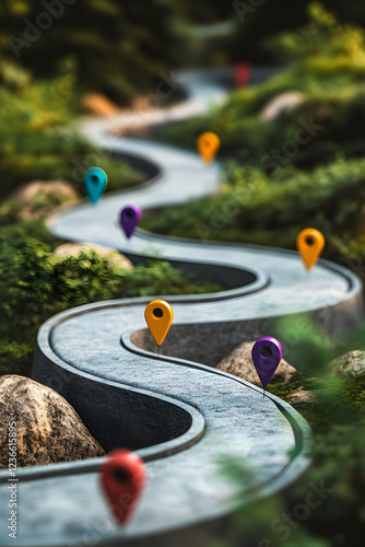 Customer journey concept represented by colorful location markers on a winding path  -  