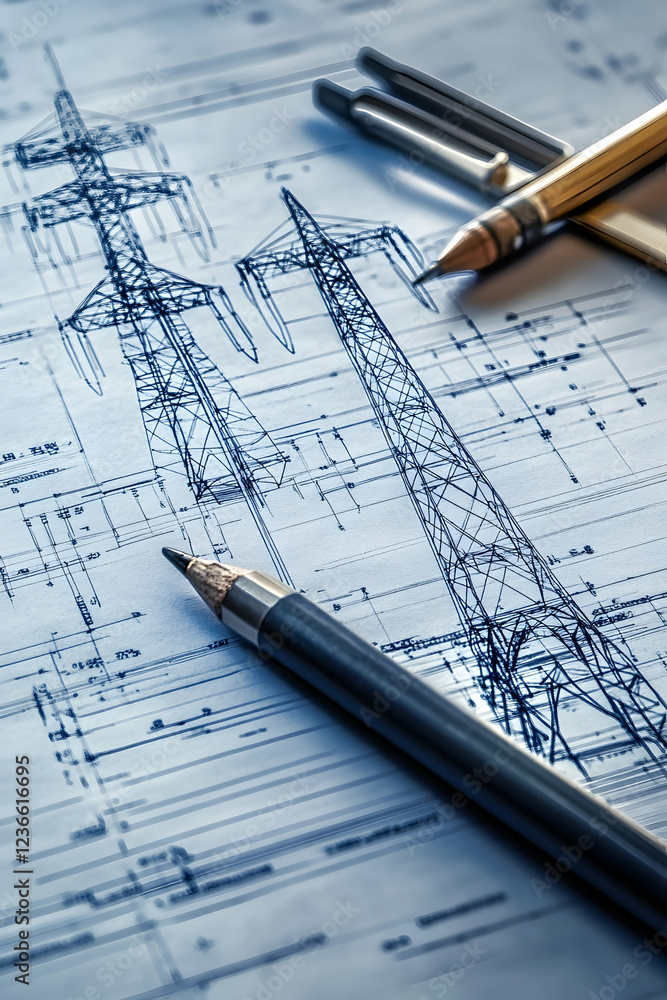 Detailed blueprint of power line towers with drafting tools, showcasing engineering precision  -  