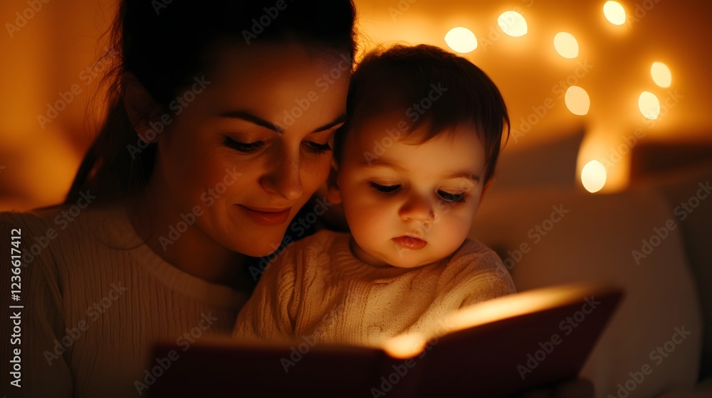 Mother Reads Bedtime Story to Delighted Child in Cozy Home Setting Mother Reads Bedtime Story to Delighted Child in Cozy Home Setting