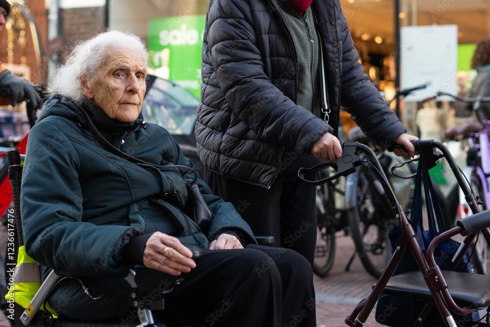 Obraz premium Mature woman walking with a walker next to elderly woman in wheelchair on the street