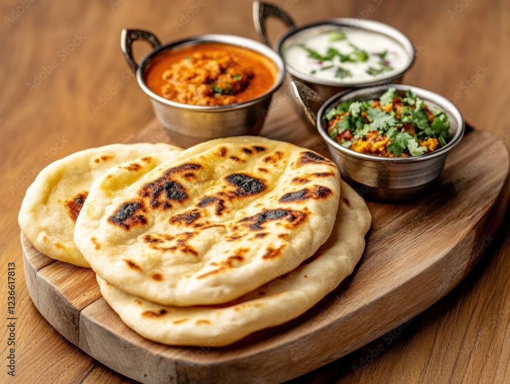 Delicious Indian Cuisine Naan Bread and Dips Restaurant Food Photography Warm Close-Up Culinary Experience Delicious Indian Cuisine Naan Bread and Dips Restaurant Food Photography Warm Close-Up Culinary Experience