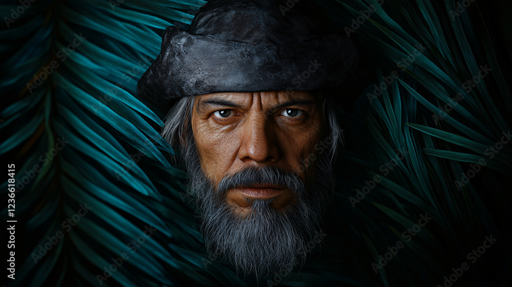 seasoned ship captain with stern expression, surrounded by lush green foliage, exuding wisdom and experience. His weathered face tells stories of sea seasoned ship captain with stern expression, surrounded by lush green foliage, exuding wisdom and experience. His weathered face tells stories of sea