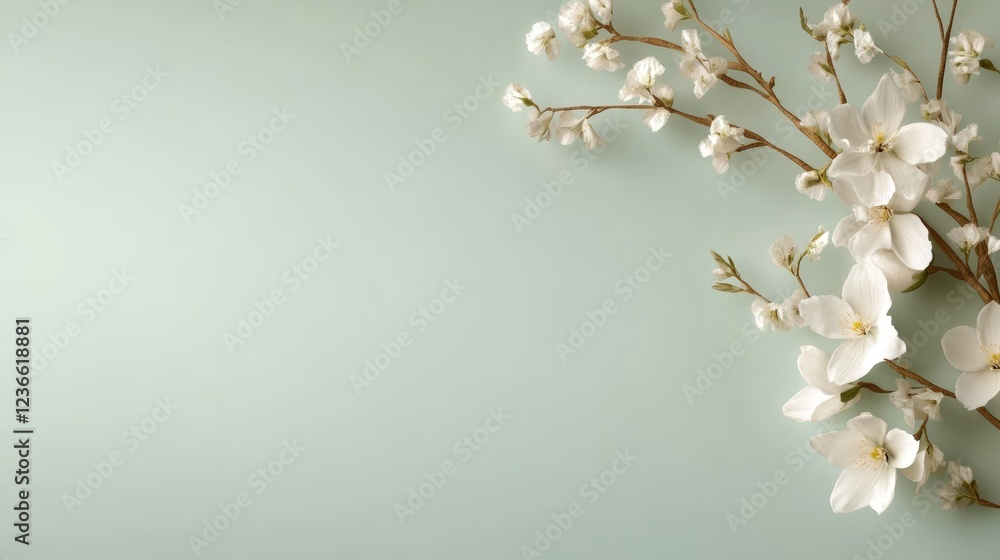 Realistic background for designers featuring delicate white flowers on a soft green backdrop with a touch of floral elegance Realistic background for designers featuring delicate white flowers on a soft green backdrop with a touch of floral elegance