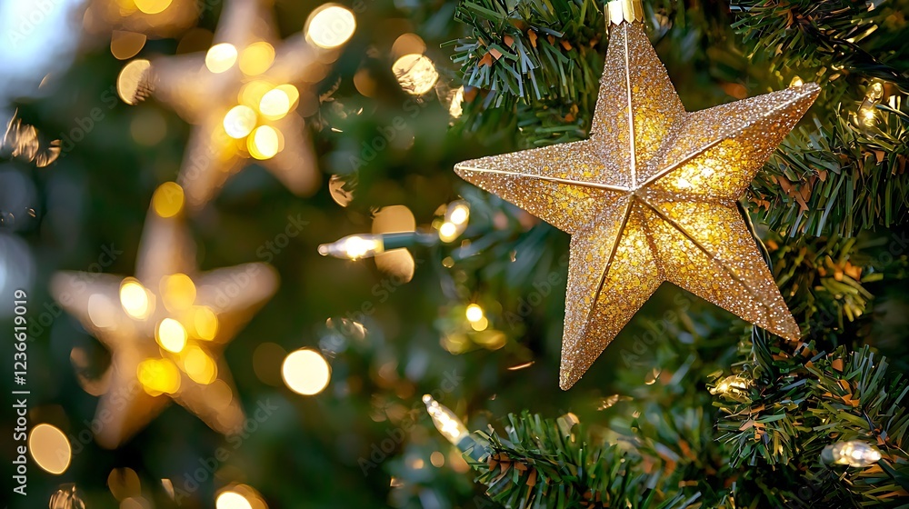 Close-up of a glowing Christmas tree decorated with gold stars and sparkling lights, against a soft, festive bokeh background. Close-up of a glowing Christmas tree decorated with gold stars and sparkling lights, against a soft, festive bokeh background.