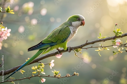 Monk Parakeet perched gracefully on a delicate branch. The bird's feathers are captured in sharp focus, showcasing their vibrant hues and intricate textures