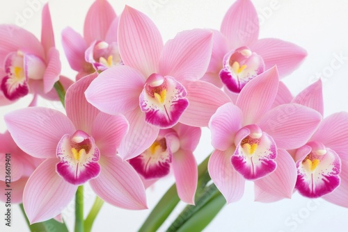 Luxurious maroon orchids in a vase illuminated by soft light highlighting their velvety texture and exotic beauty
