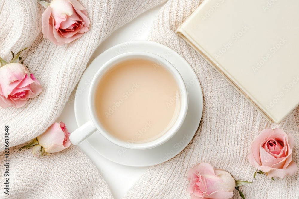 Cozy flat-lay of a warm cup of tea surrounded by dried pink roses and vintage books in soft lighting, creating an inviting and nostalgic atmosphere Cozy flat-lay of a warm cup of tea surrounded by dried pink roses and vintage books in soft lighting, creating an inviting and nostalgic atmosphere