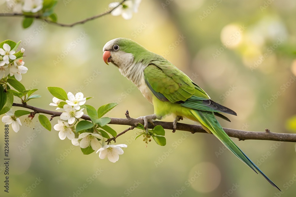 Obraz premium Monk Parakeet perched gracefully on a delicate branch. The bird's feathers are captured in sharp focus, showcasing their vibrant hues and intricate textures