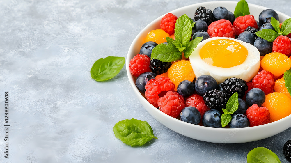 Healthy berry fruit salad with poached egg Healthy berry fruit salad with poached egg