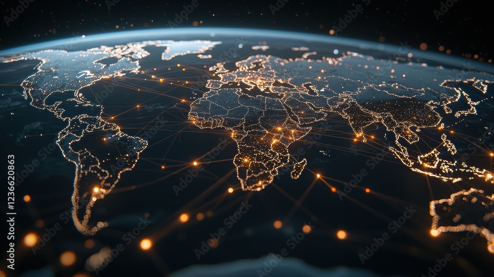 Fototapeta premium A stunning view of the earth illuminated by intricate network connections and data streams.
