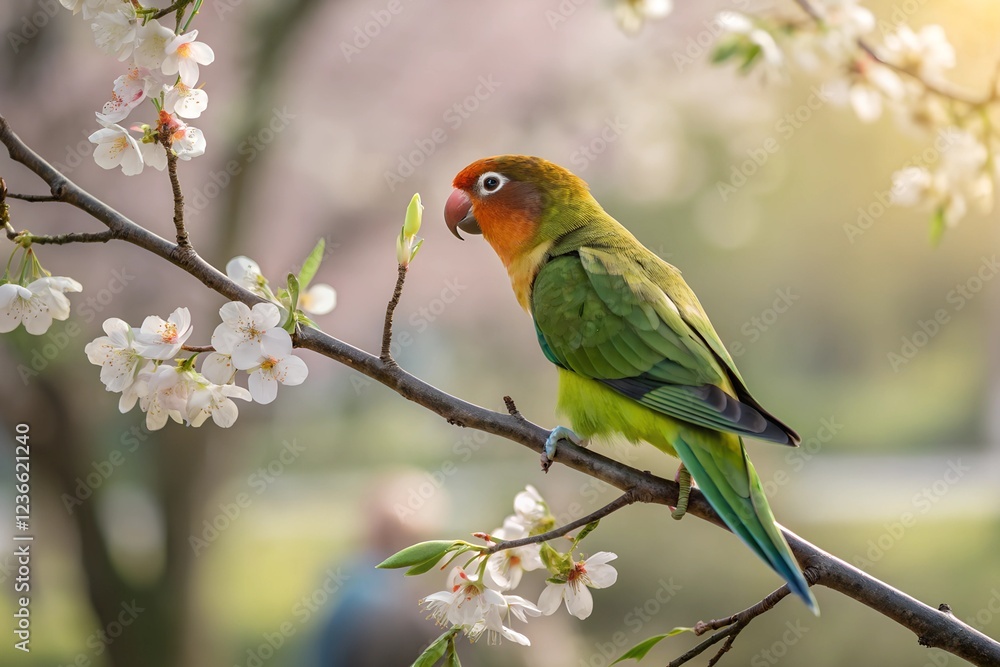 Lovebird perched gracefully on a delicate branch. The bird's feathers are captured in sharp focus, showcasing their vibrant hues and intricate textures. Lovebird perched gracefully on a delicate branch. The bird's feathers are captured in sharp focus, showcasing their vibrant hues and intricate textures.
