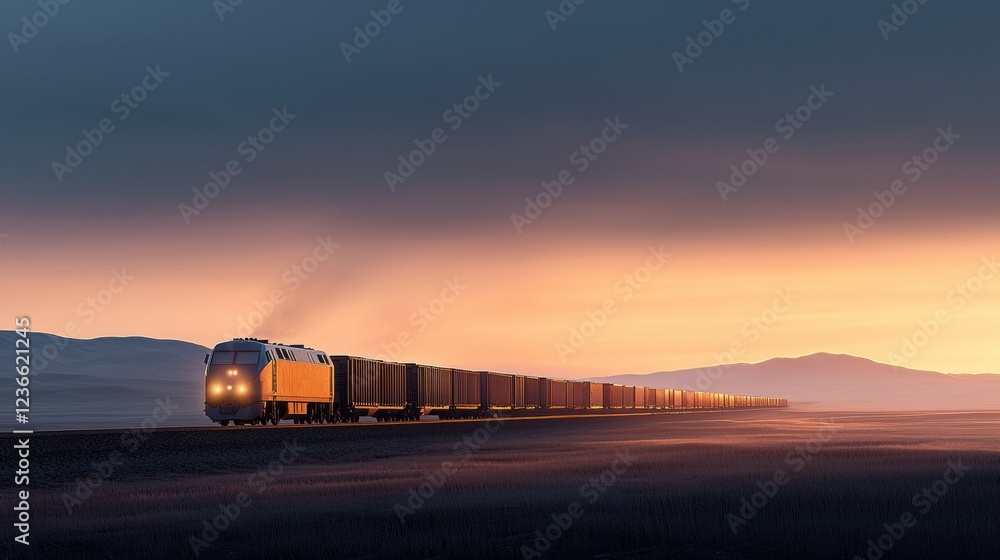 A train travels across a vast landscape at sunset, showcasing the beauty of transportation. A train travels across a vast landscape at sunset, showcasing the beauty of transportation.