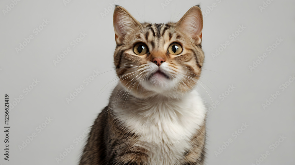 Astonished Tabby Cat with Wide Green Eyes, Fluffy Whiskers, and Slightly Open Mouth Expressing Pure Surprise and Curiosity in a Close-Up Studio Portrait with Soft Lighting and a Neutral Background Astonished Tabby Cat with Wide Green Eyes, Fluffy Whiskers, and Slightly Open Mouth Expressing Pure Surprise and Curiosity in a Close-Up Studio Portrait with Soft Lighting and a Neutral Background