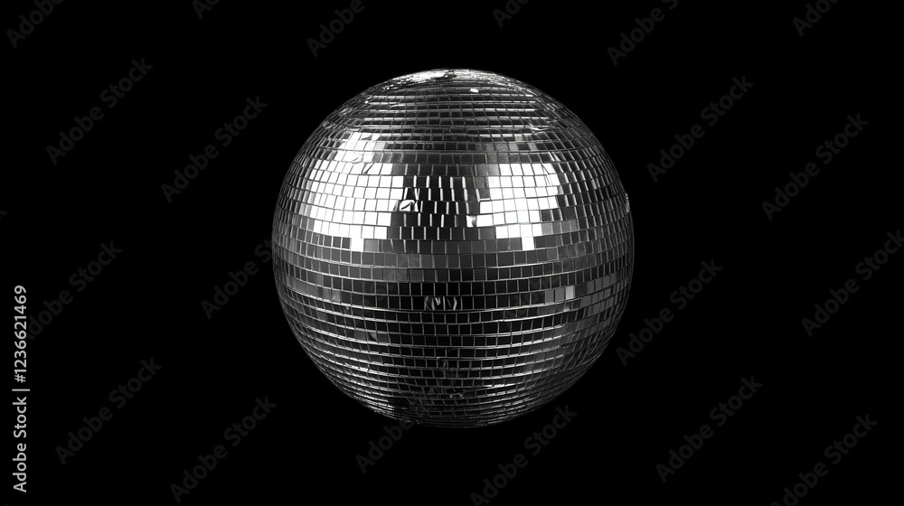Fototapeta premium Gleaming Silver Disco Mirror Ball Isolated in Space. Reflective and Sparkling Surface Captures the Essence of Disco and Party Atmosphere.