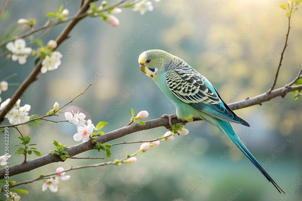 Budgerigar perched gracefully on a delicate branch. Budgerigar perched gracefully on a delicate branch.