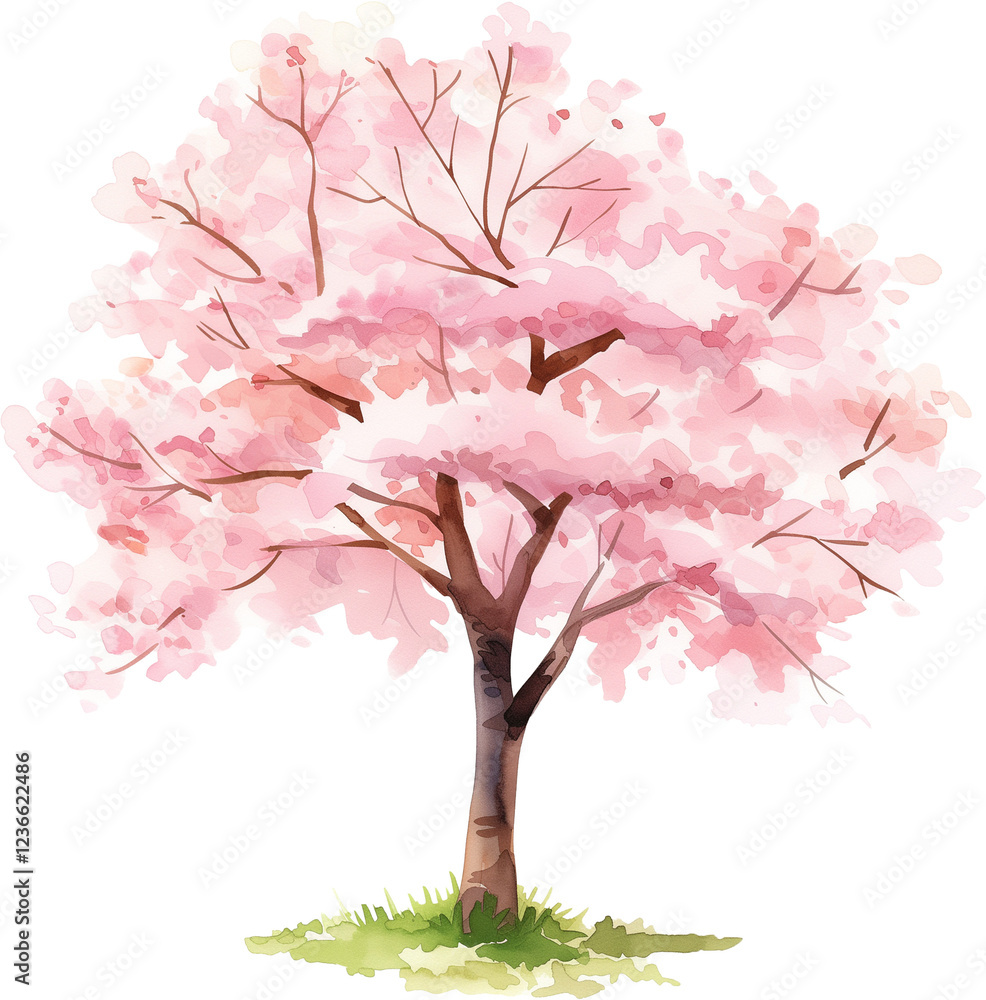 Obraz premium Cherry blossom tree watercolor painting isolated on transparent background.