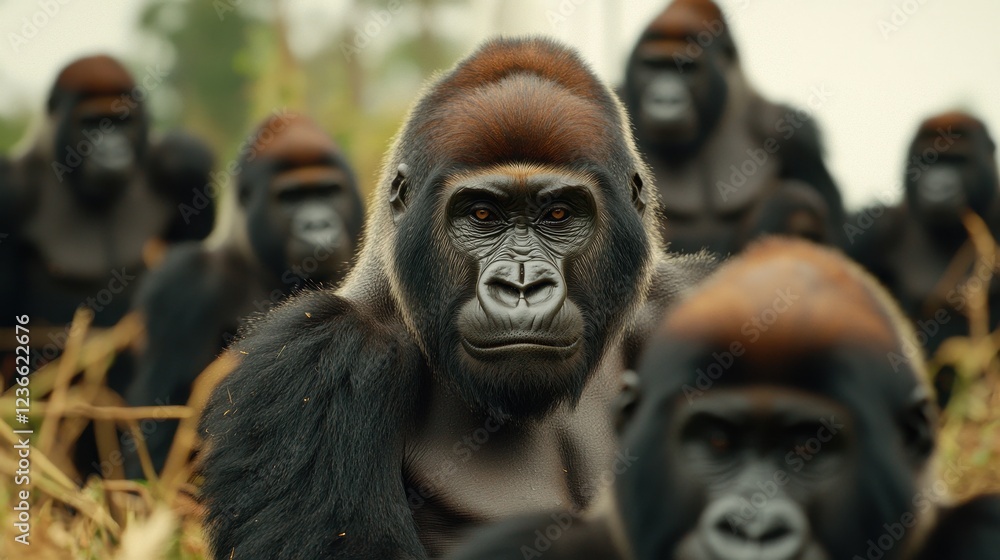 Group of Majestic Gorillas in Natural Habitat Portrait Style