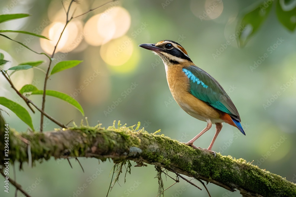 Obraz premium Indian Pitta perched gracefully on a delicate branch. The bird's feathers are captured in sharp focus, showcasing their vibrant hues and intricate textures.