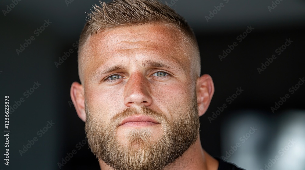 Fototapeta premium Man with beard, serious expression, close-up portrait, blurred background, for profile picture