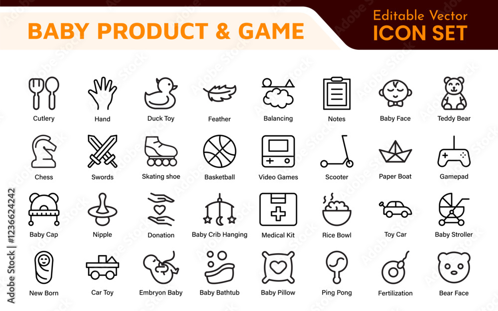 Naklejka premium Baby Product and Game Icon Set. A charming collection of icons designed for parents and caregivers, perfect for websites, apps, and marketing materials focused on baby products and playful learning.