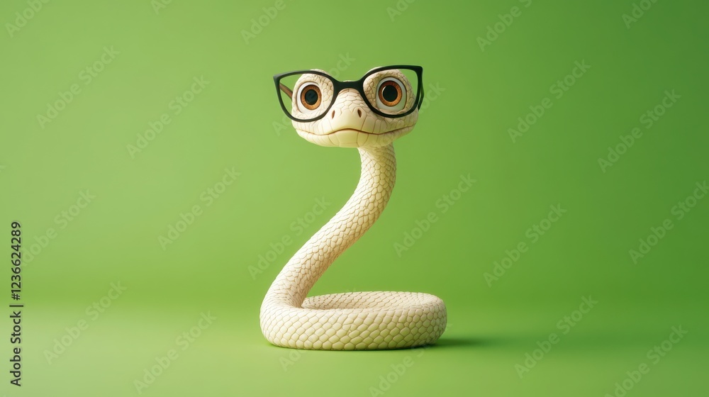 Fototapeta premium A 3D render of a snake with glasses, standing upright on a bright green background, in a more dynamic, action-like pose. 9265a5649cfc