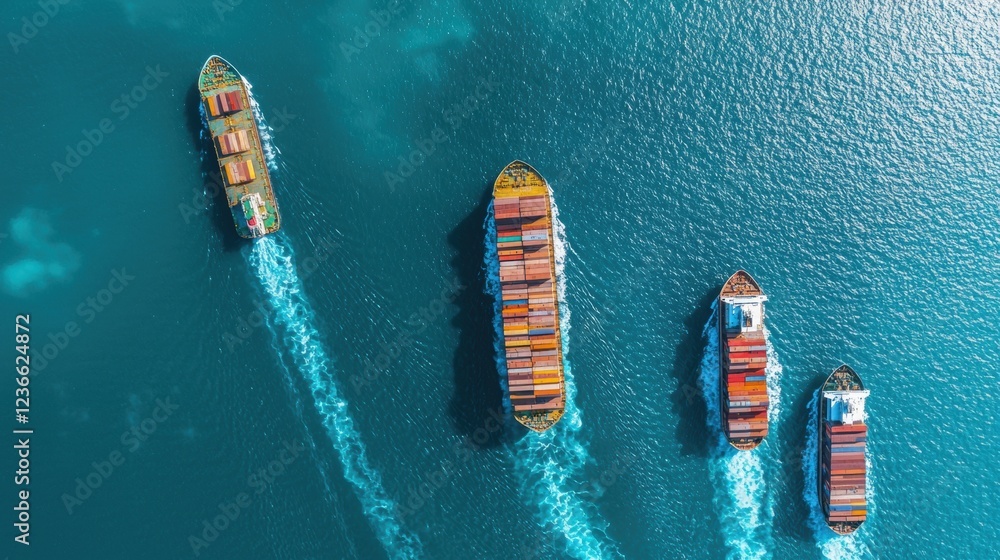 Aerial view of container ships navigating through turquoise waters. Aerial view of container ships navigating through turquoise waters.