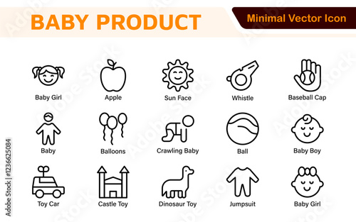 Baby Product and Game Icon Set. A charming collection of icons designed for parents and caregivers, perfect for websites, apps, and marketing materials focused on baby products and playful learning.