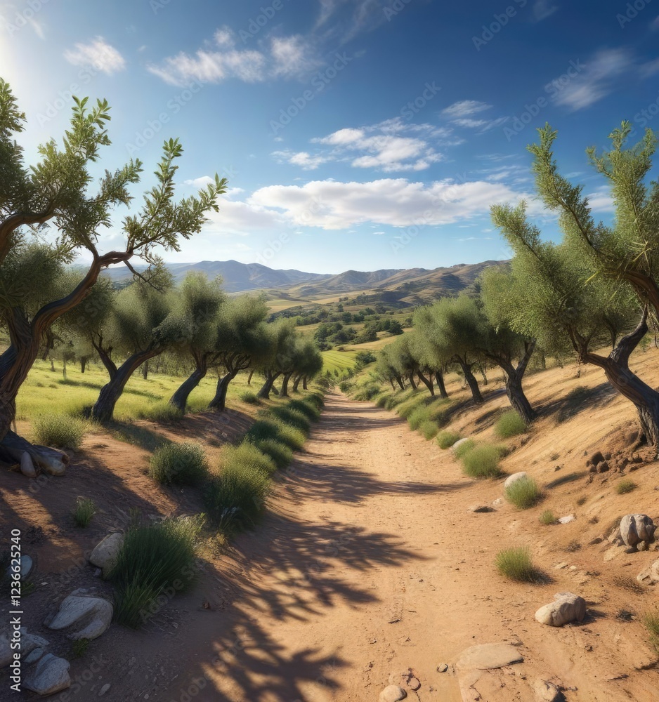 Fototapeta premium Rolling hills covered in olive trees and grapevines under a bright blue sky , rolling hills, Lazio