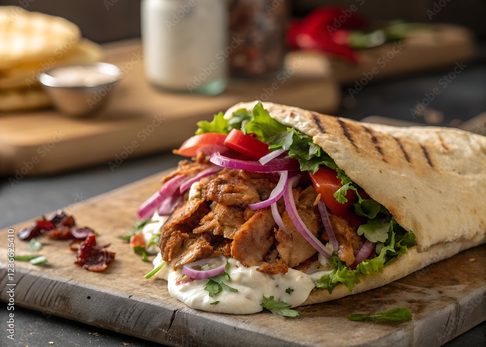Delicious kebab bag with fresh vegetables and crispy kebab meat Food photography Delicious kebab bag with fresh vegetables and crispy kebab meat Food photography