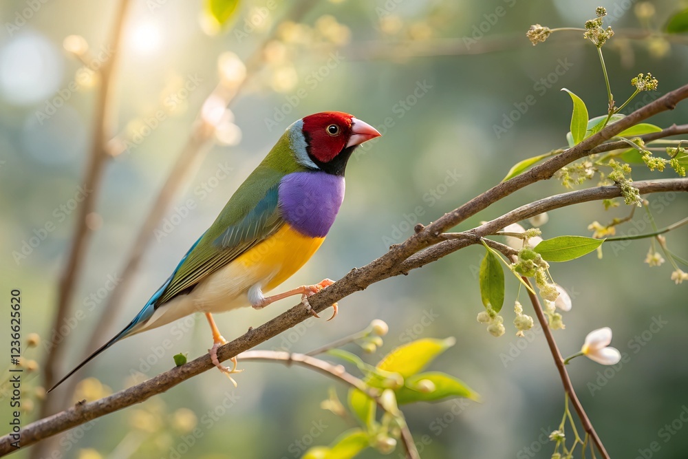 Fototapeta premium Gouldian Finch perched gracefully on a delicate branch.