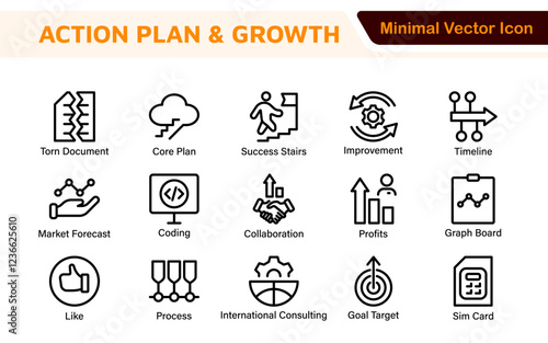 Line icons about action plan. Contains such icons as search strategy, target, scheme, timeline and workflow.Action plan set of web icons in line style. Strategy action planning icons.