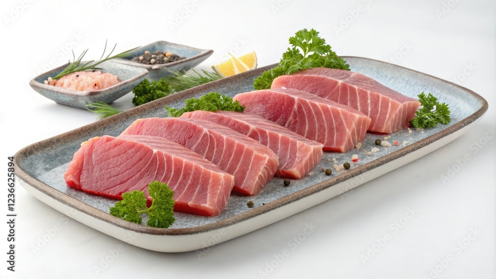 Raw tuna fillets arranged on a serving platter, food presentation, dish arrangement Raw tuna fillets arranged on a serving platter, food presentation, dish arrangement
