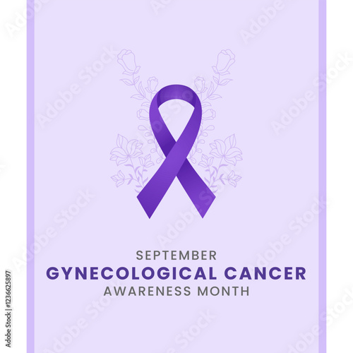 Dark purple ribbon with flower and white background awareness graphic for International Gynecological Cancer Awareness Month