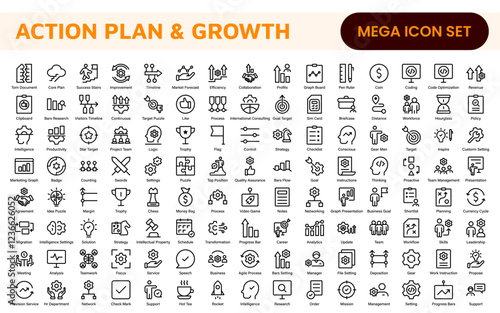 Line icons about action plan. Contains such icons as search strategy, target, scheme, timeline and workflow.Action plan set of web icons in line style. Strategy action planning icons.