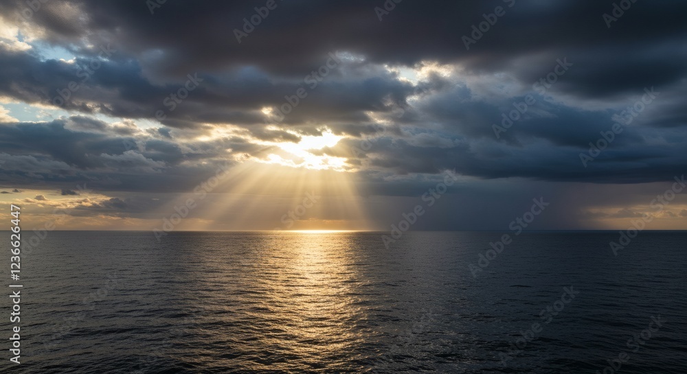 Dramatic Ocean Sunset with Golden Rays Breaking Through Clouds Dramatic Ocean Sunset with Golden Rays Breaking Through Clouds