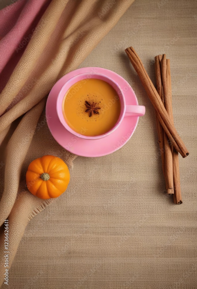 Pink cup with cinnamon sticks and a dried pumpkin on a burlap table runner, autumnal decor, cozy atmosphere Pink cup with cinnamon sticks and a dried pumpkin on a burlap table runner, autumnal decor, cozy atmosphere