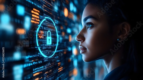Digital Lock Icon and Data Protection Symbols with Business Professional
