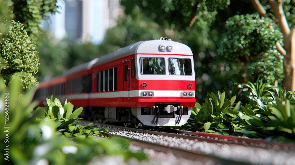 Naklejka premium Red train model in lush greenery, city backdrop