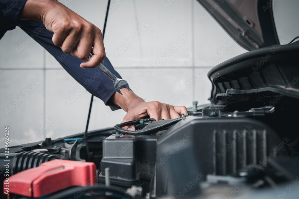 Mechanic using wrench while working on car engine outside the service center , Repair and service. Mechanic using wrench while working on car engine outside the service center , Repair and service.