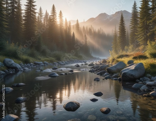 Panoramic view of Whistler Creek at sunrise with mist, mountain range, mountains, morning light photo