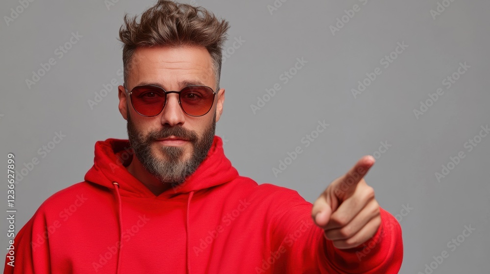 Naklejka premium Confident man in a red hoodie points with sunglasses, exuding a cool vibe.