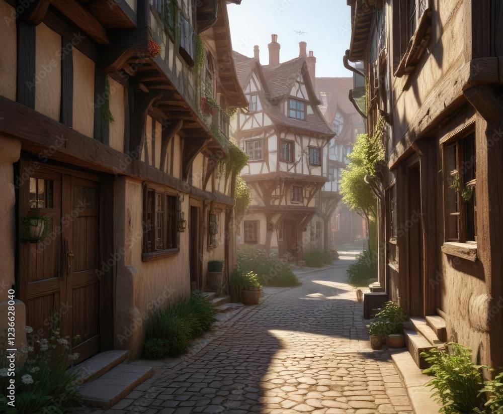 Fototapeta premium Soft morning light peeks through the gaps of half-timbered houses, rustic, farmhouses, hills