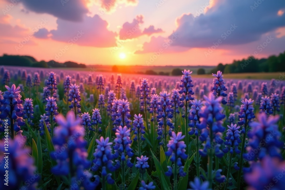 Naklejka premium Softly glowing sunset over a field of blue-violet wildflowers, wildflowers, field of flowers