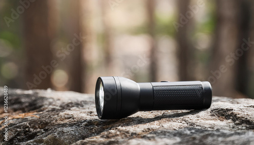Black flashlight on stone surface in forest. Electric torch. Portable hand-held electric lamp.