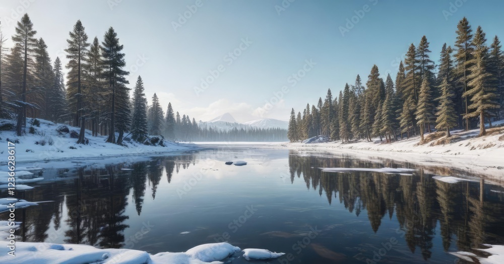 Fototapeta premium Snowy winter landscape with a frozen lake and pine trees, frozen, trees