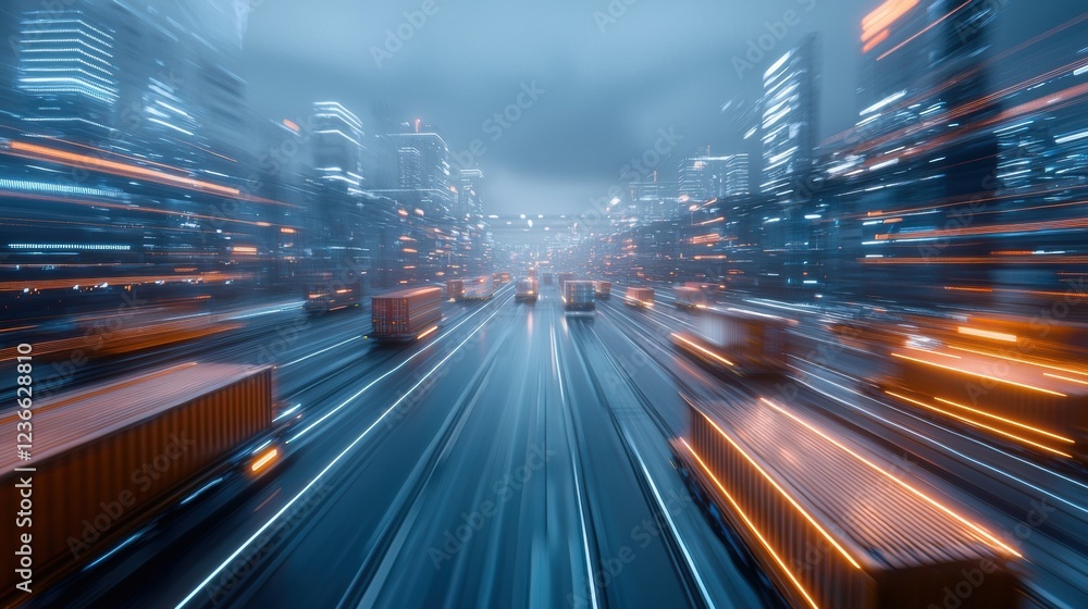 Obraz premium Dynamic view of trucks moving through a modern urban landscape at night.