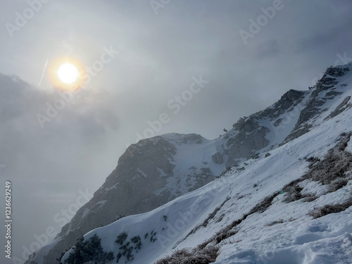 snow covered mountains,  The southern ridge of the Piatra Craiului Mountains, Romania  photo