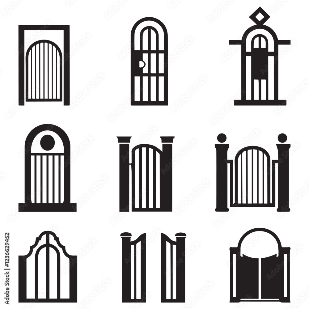 Obraz premium Black and white iron gates and fences set on white background
