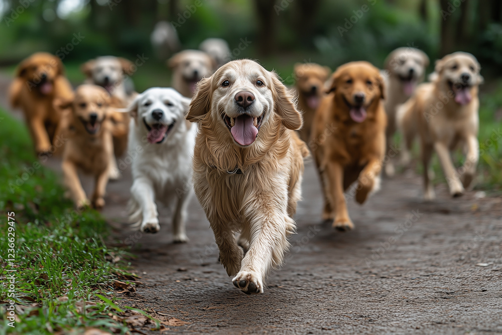 A group of dogs of various breeds running happily together in an open park, with their tongues hanging out and their tails wagging, sunny day with blue sky, action shot. Pets day. A group of dogs of various breeds running happily together in an open park, with their tongues hanging out and their tails wagging, sunny day with blue sky, action shot. Pets day.