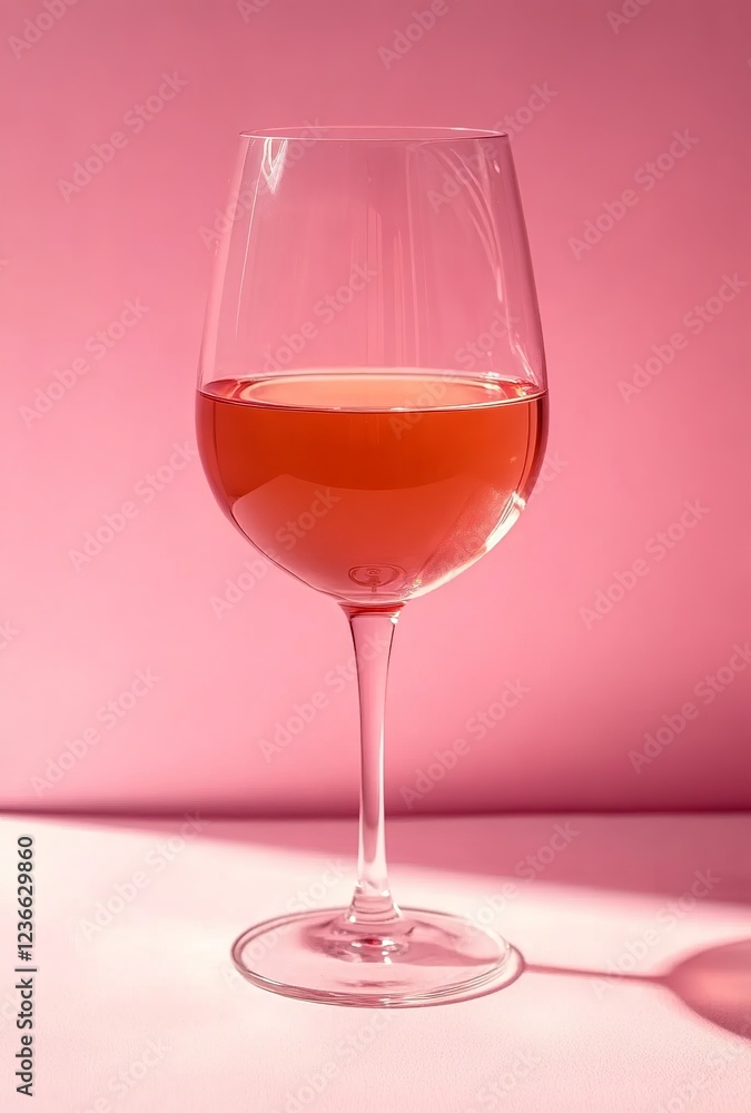 A glass filled with rosé wine on a white table against a pink background A glass filled with rosé wine on a white table against a pink background